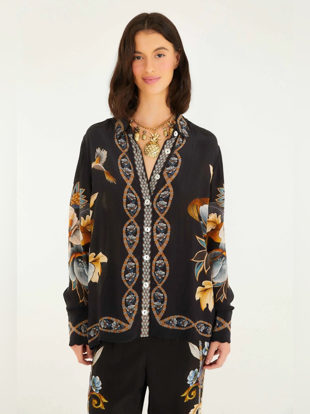 FARM RIO Black Floral Snake Pajama Shirt